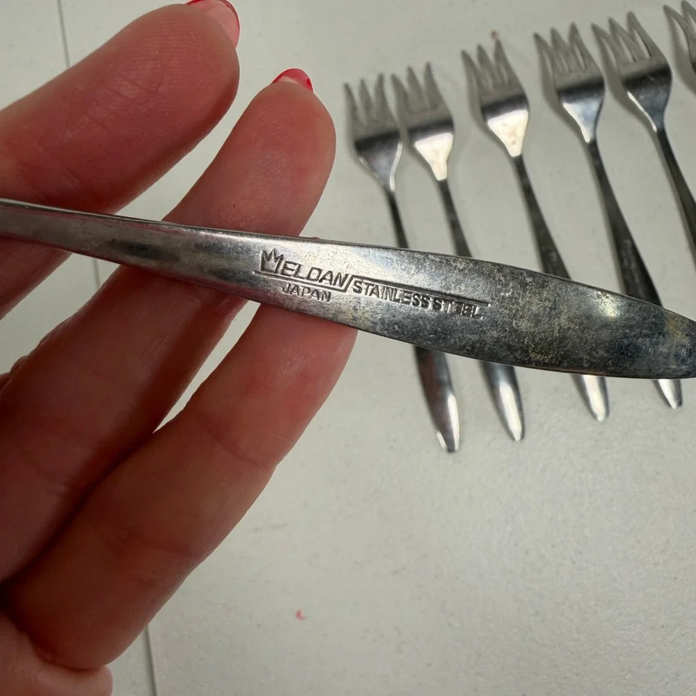 Eldan 6 Olive Cocktail Forks Set of 7 Rose Floral Embossed Japan Stainless Steel
